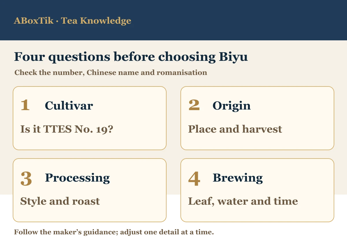 Four Biyu selection steps: cultivar, origin and harvest, processing, and brewing details