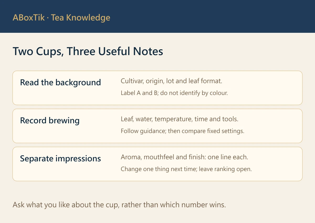 TTES No. 21 Hongyun vs Ruby Red: Two Taiwanese Black Tea Cultivars - ABoxTik 一盒精品 3 Three steps for comparing Hongyun and Ruby Red: check batch, record brewing, and keep aroma separate from palate