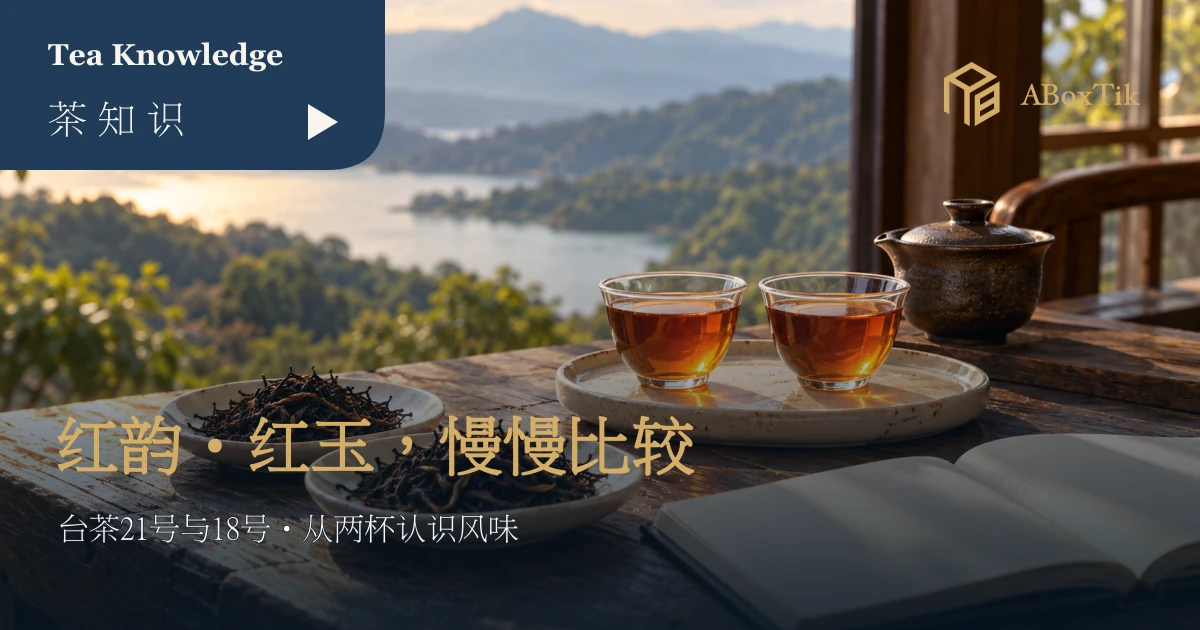 台茶21号红韵与红玉比较情境中的两杯琥珀红茶、陶壶、干茶与空白笔记