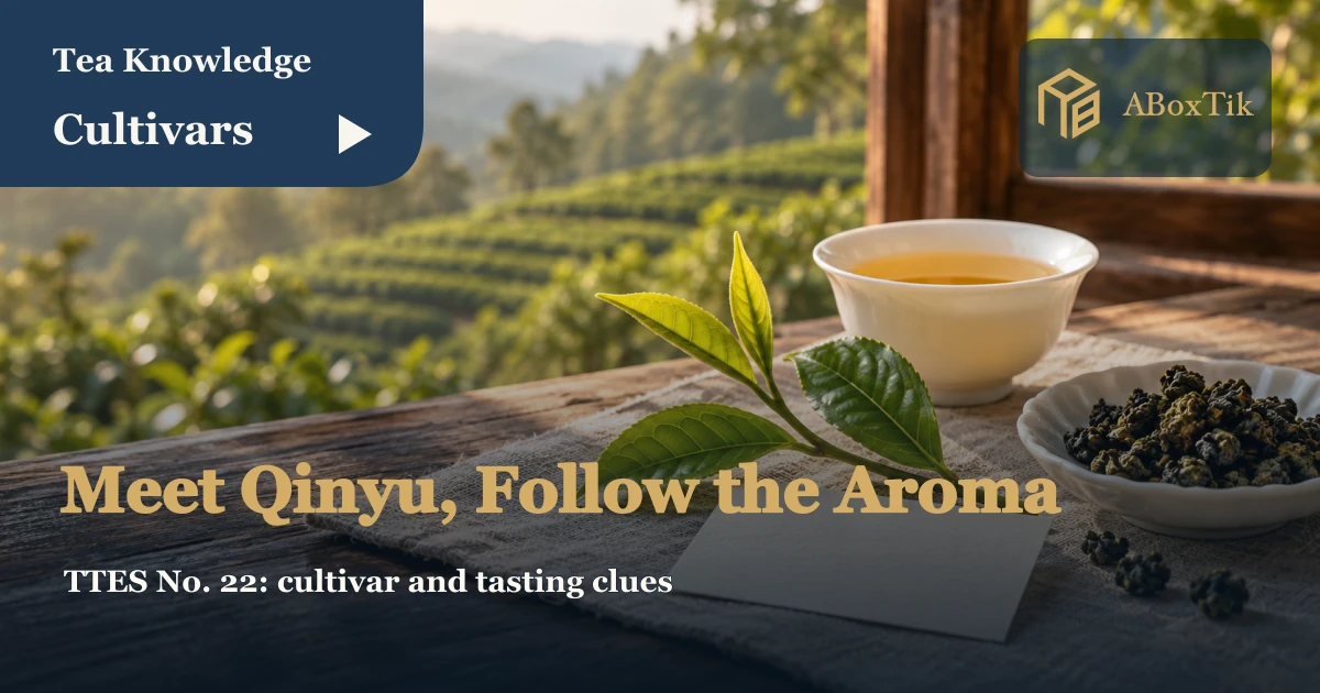 Tea shoots, dry leaves and a white tasting cup beside a cultivar note card