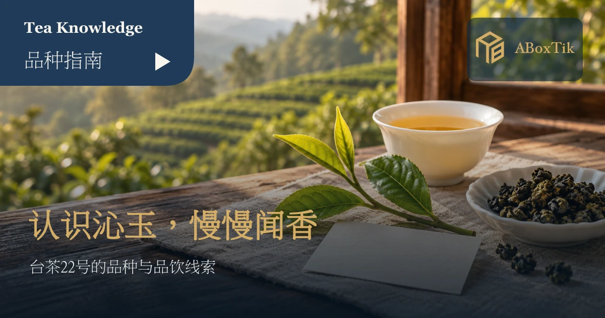 茶树嫩芽、干茶与白瓷茶杯旁的品种笔记卡