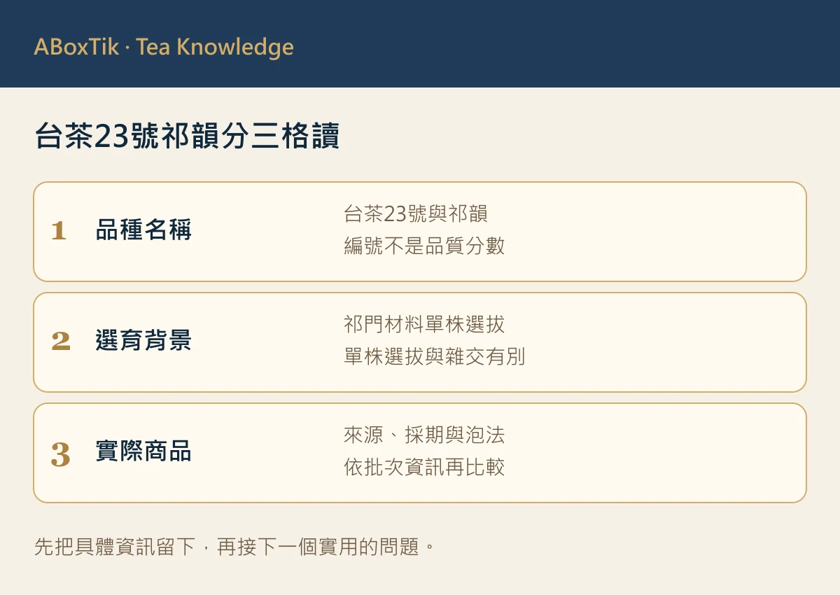 台茶23號祁韻資料卡：品種名稱、祁門單株選拔與紅茶用途分欄