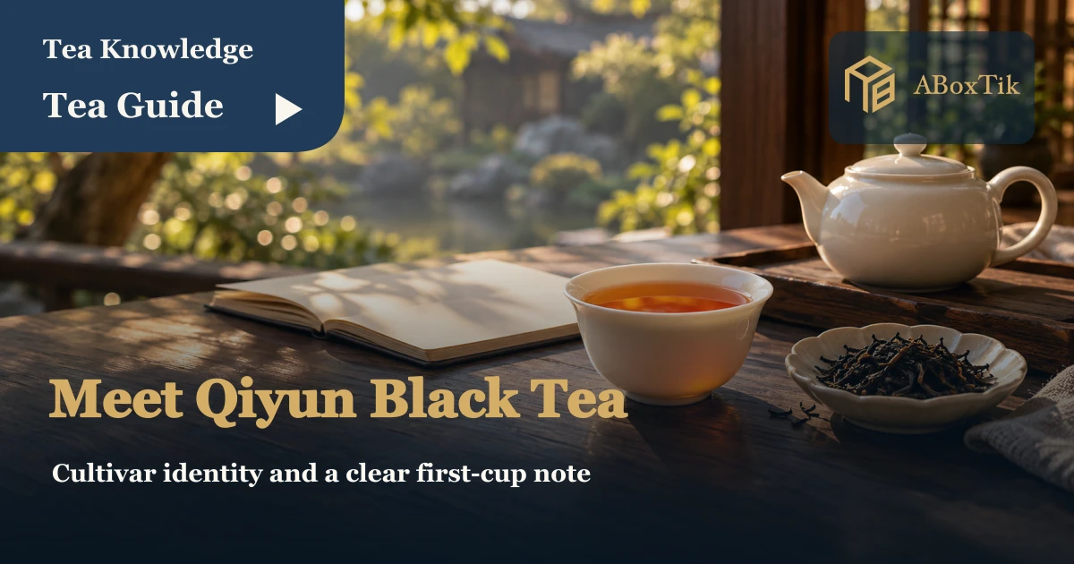 White porcelain cup of orange-red black tea with dry leaves and a blank notebook