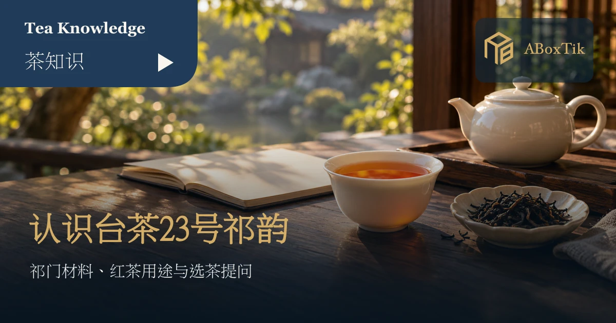 白瓷杯中的橙红茶汤、干茶与空白笔记，呈现认识祁韵红茶的茶席