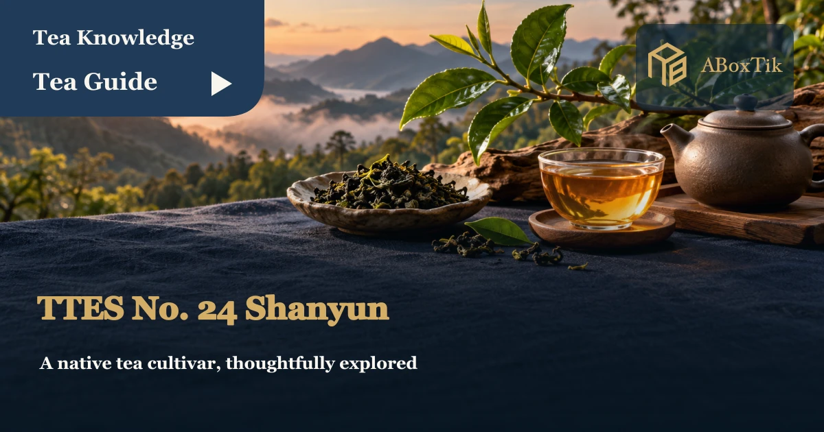 A leafy tea branch, dark dry tea, a clear cup and a teapot on a wooden table with a forested mountain backdrop