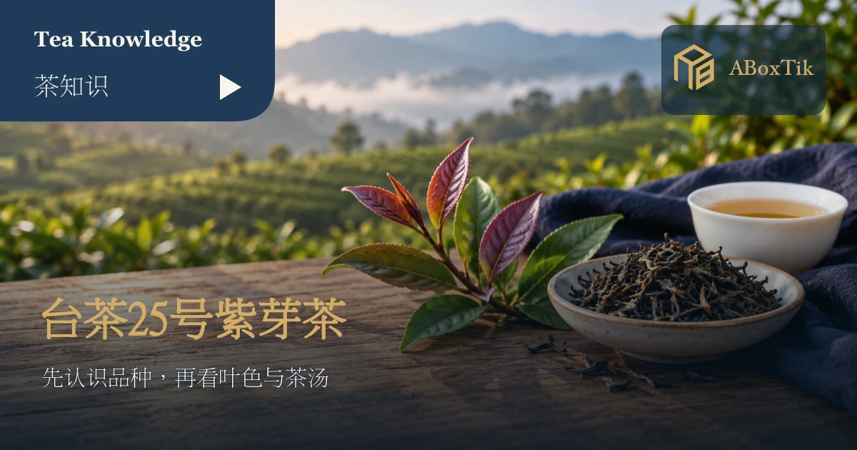 台茶25号紫芽茶情境：紫红嫩叶、干茶与白瓷杯