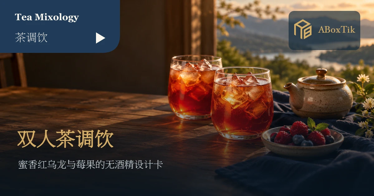 两杯莓果茶饮、莓果与陶瓷茶壶的木桌情境