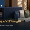 VIP client tea gift setting with navy box, sealed tea packets and blank story cards