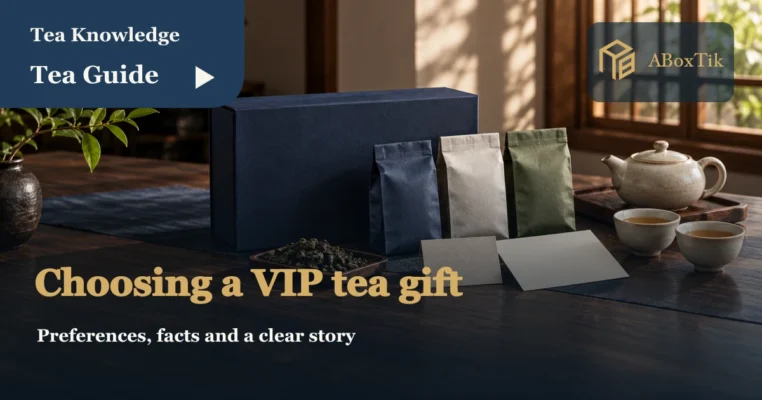 VIP client tea gift setting with navy box, sealed tea packets and blank story cards