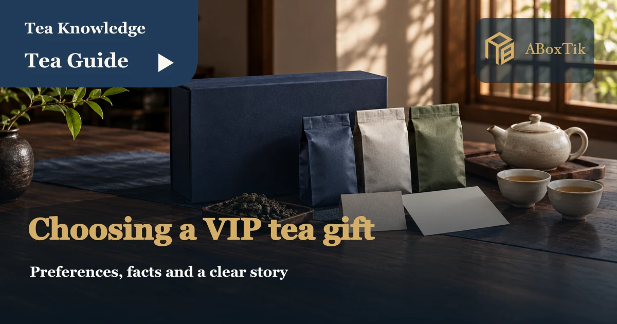 VIP client tea gift setting with navy box, sealed tea packets and blank story cards
