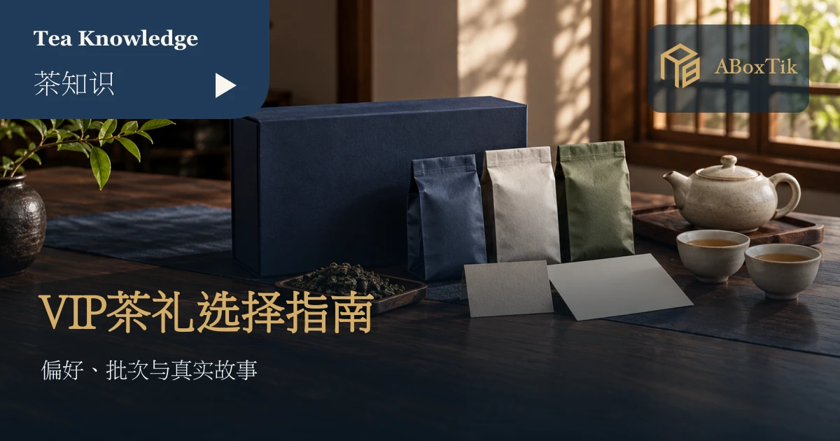 VIP客户茶礼情境：深蓝礼盒、原封茶袋与空白故事卡