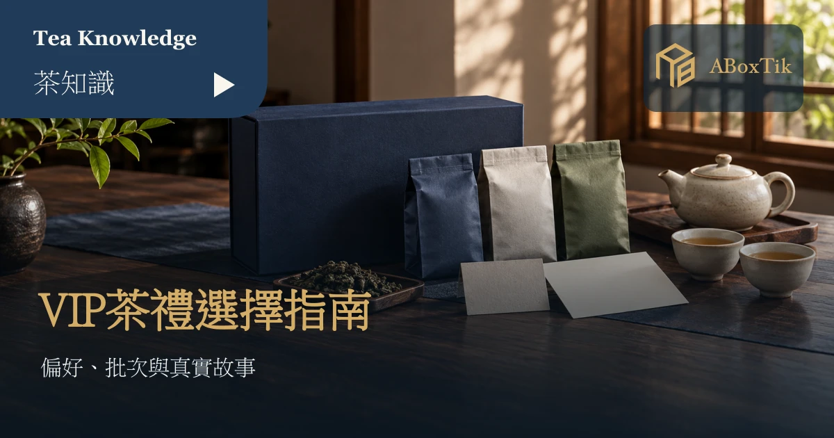 VIP客戶茶禮情境：深藍禮盒、原封茶袋與空白故事卡