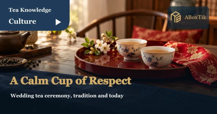 Wedding tea preparation scene with two porcelain cups on a red tray and a red and gold fabric accent
