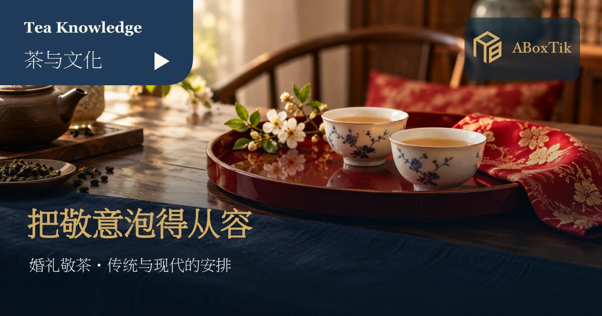 婚礼敬茶准备情境：红色托盘上的两只瓷杯与金红色布饰