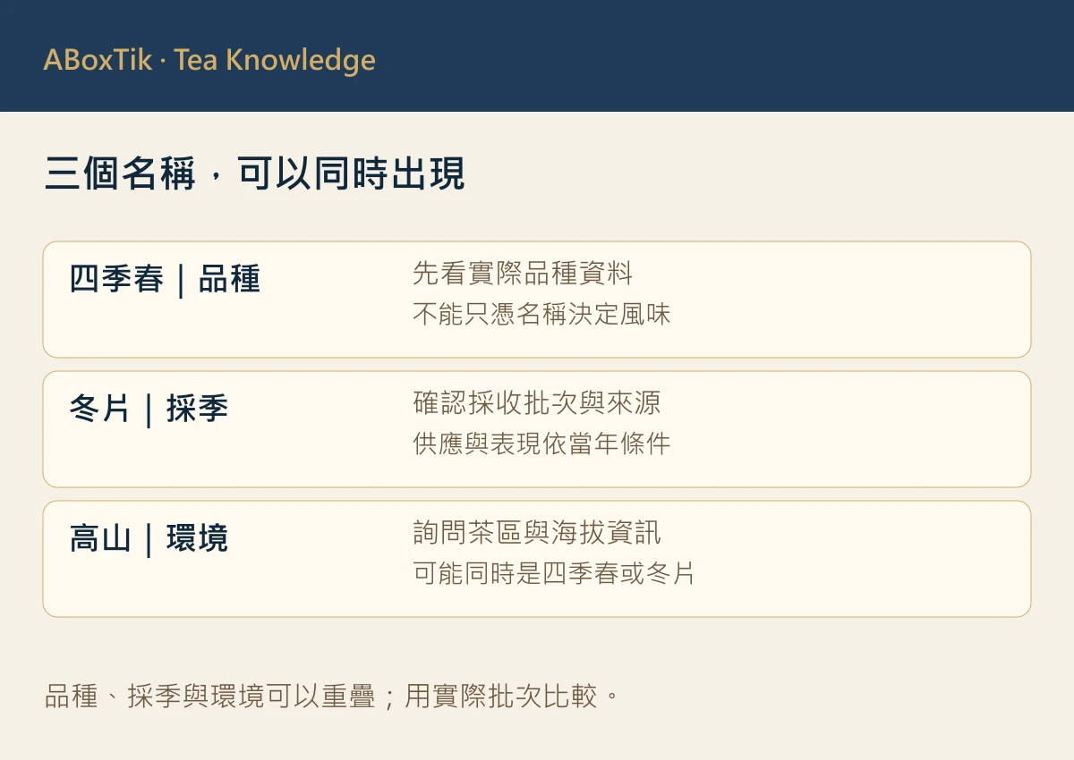 冬片四季春和高山茶差在哪?清甜冷韻選購指南 - ABoxTik 一盒精品 3 四季春品種、冬片採季與高山環境三種可重疊標籤的比較圖