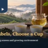 Two cups and dishes of rolled tea in a comparison setting with a hillside garden beyond the window