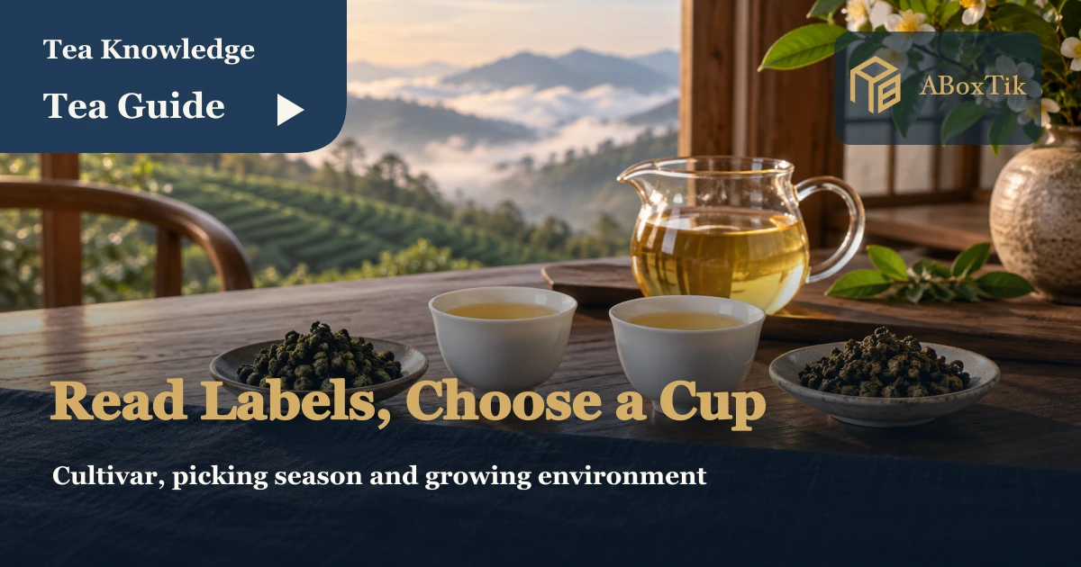 Two cups and dishes of rolled tea in a comparison setting with a hillside garden beyond the window