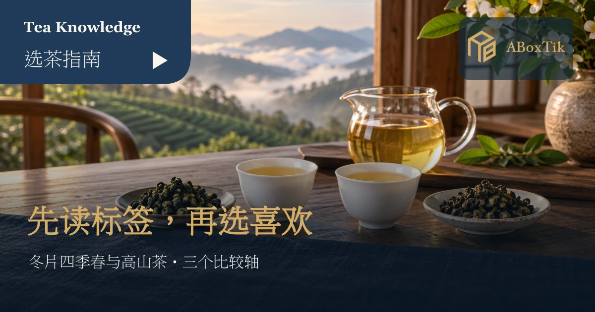 两杯茶与两碟干茶并排的比较情境，窗外为山林茶园