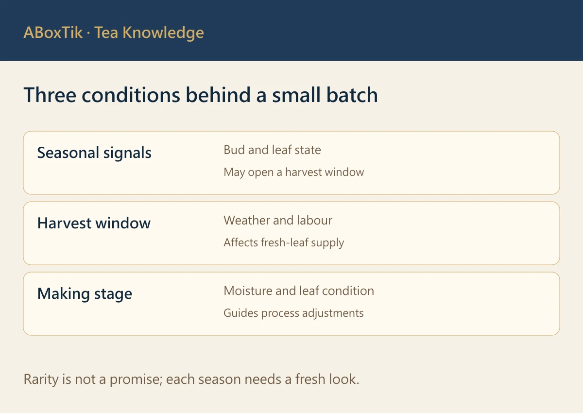 Winter-picked tea stages from seasonal signals through harvest windows to making