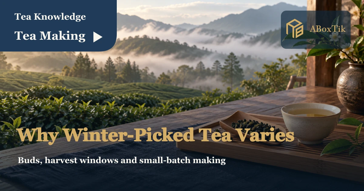 Misty tea garden with a small serving of dry tea, bamboo tray and cup on a wooden table
