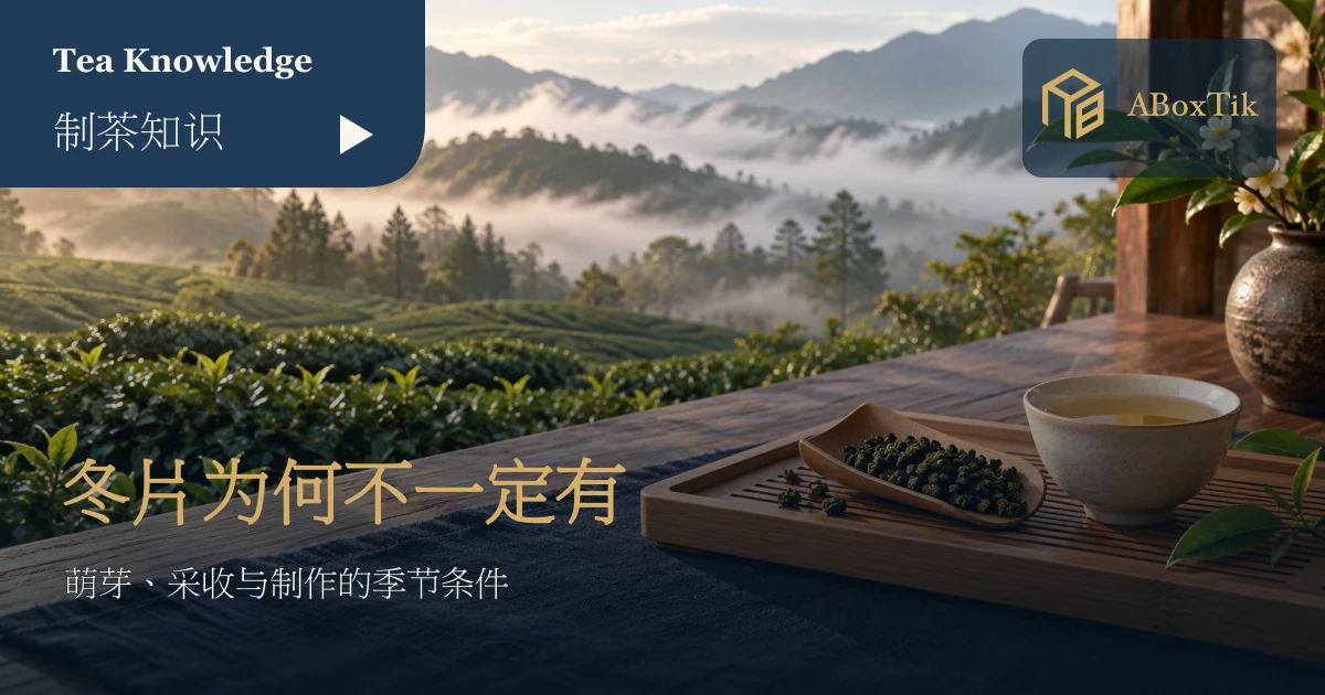 晨雾茶园与茶桌上的少量干茶、竹盘及一杯茶汤