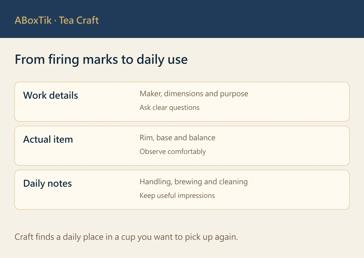 Wood-fired teaware decision card with maker information, actual item details and use notes