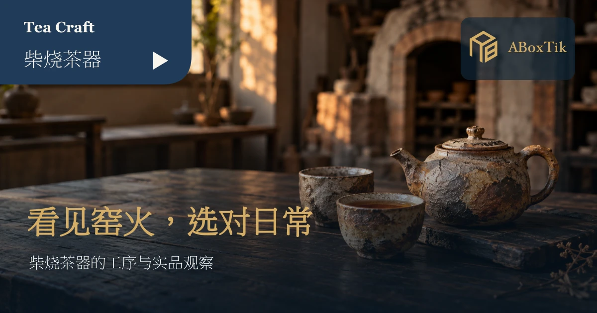 柴烧风格陶壶与两只陶杯摆在木桌上，后方可见温暖窑房场景