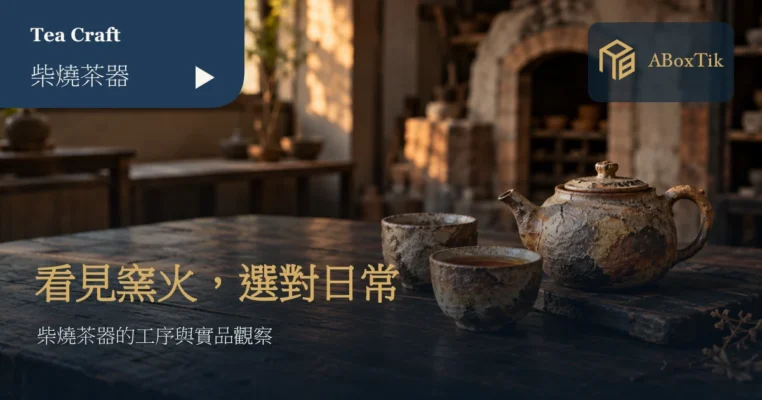 柴燒風格陶壺與兩只陶杯擺在木桌上，後方可見溫暖窯房場景
