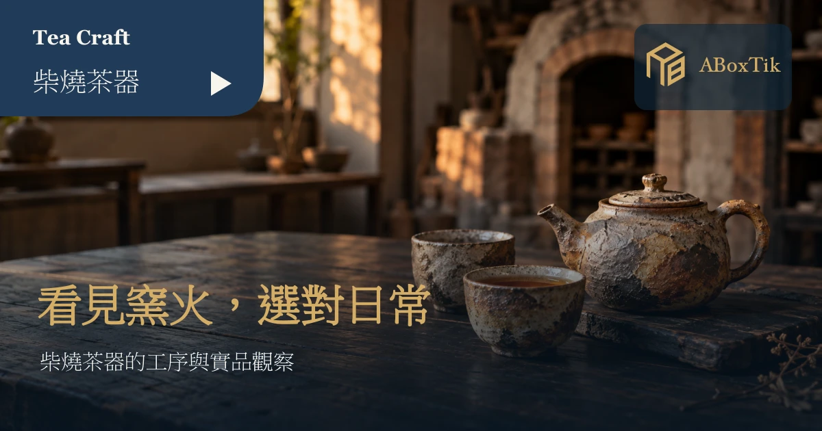 柴燒風格陶壺與兩只陶杯擺在木桌上，後方可見溫暖窯房場景