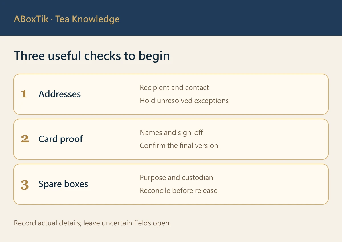 Year-end corporate gift dispatch checklist for address, card and spare-count review