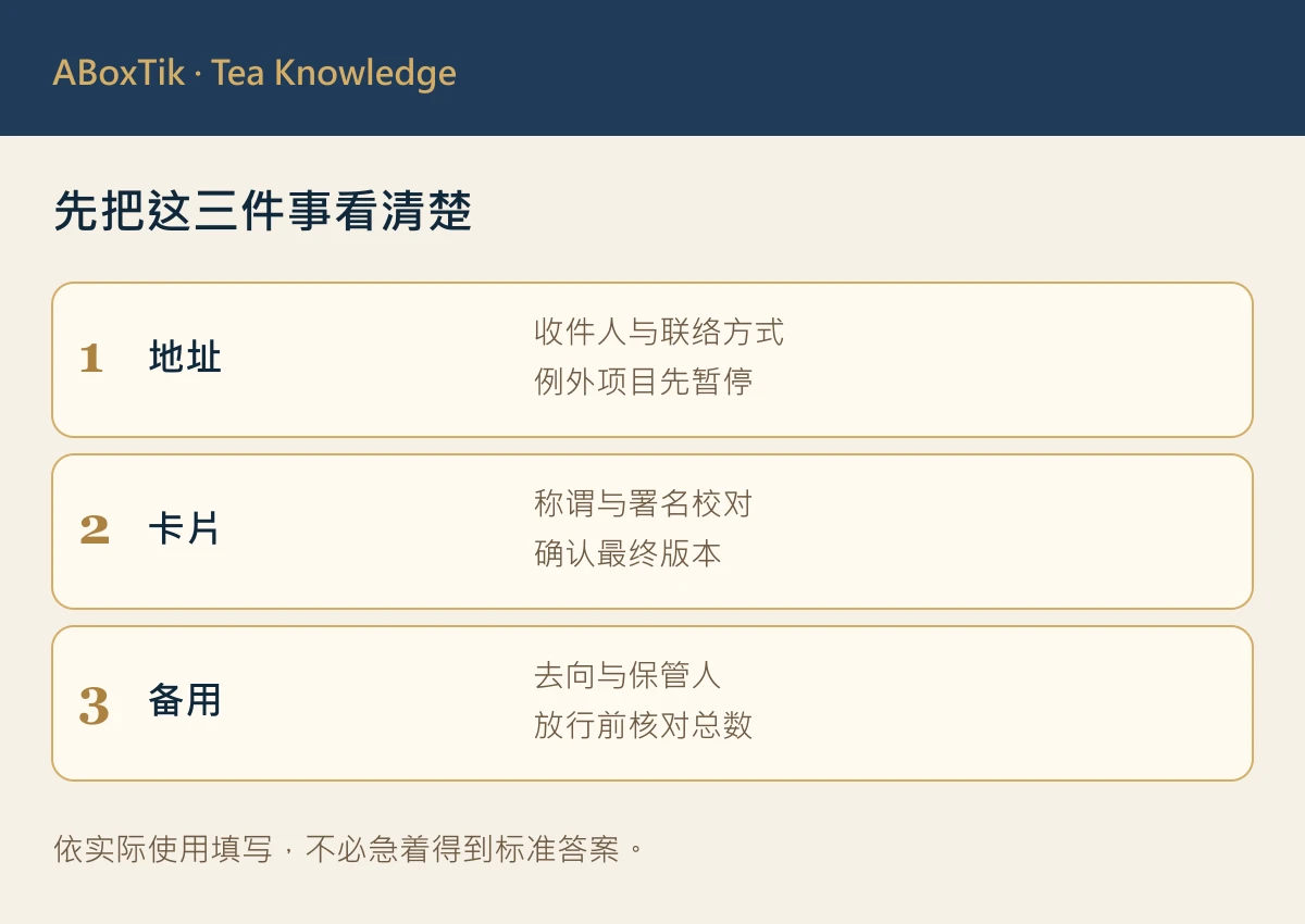 年末企業礼盒最后检查表，核对地址、卡片与备用品