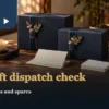Year-end corporate gift checklist setting with packed tea boxes, blank address cards and a notebook
