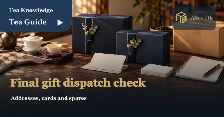 Year-end corporate gift checklist setting with packed tea boxes, blank address cards and a notebook
