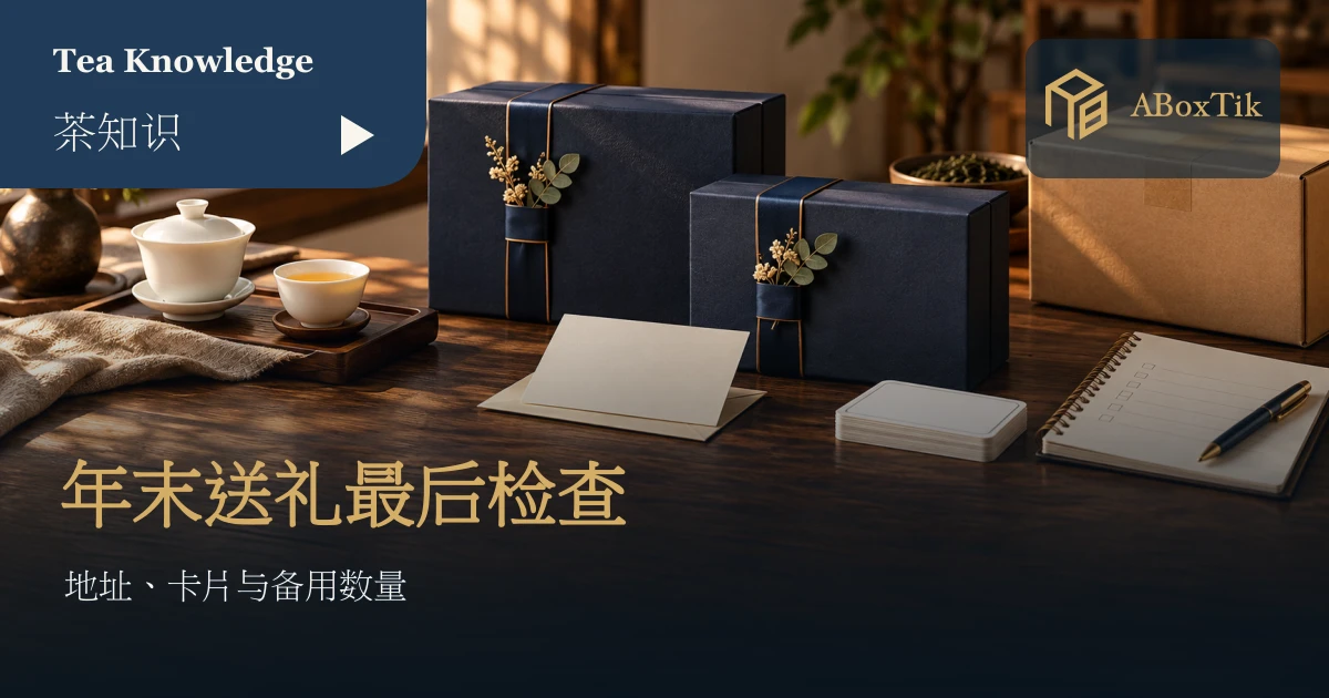 年末企业礼盒交寄场景：茶礼盒、空白地址卡与核对笔记