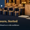 Year-end party tea gifts with carry bags and blank receiving cards at an event table
