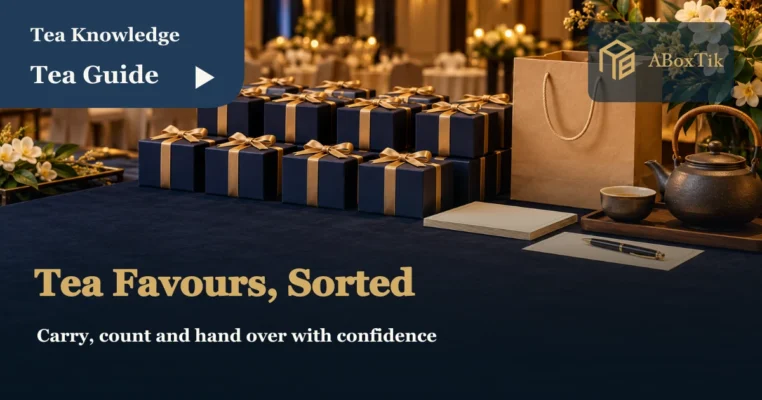 Year-end party tea gifts with carry bags and blank receiving cards at an event table