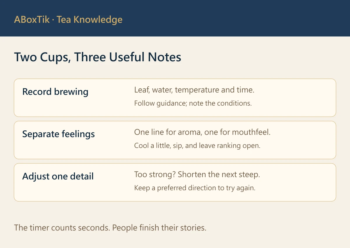 Three steps for comparing two oolongs: record brewing, separate aroma and mouthfeel, then adjust one variable