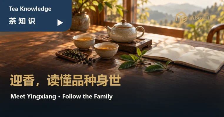 暖色茶席上两杯乌龙茶、茶壶、茶叶枝与空白笔记本